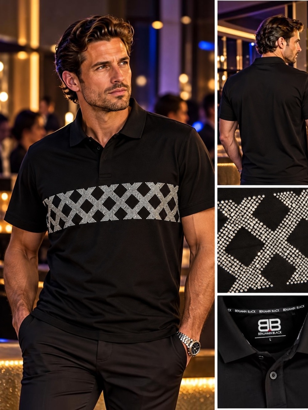 Benjamin Black Polo Men’s L Black Rhinestone Bling Geometric Shirt